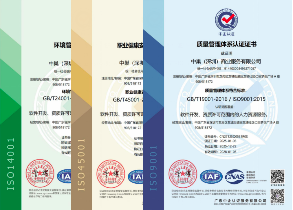喜讯 | 中巢(深圳)商业服务有限公司荣获ISO三体系认证(CNAS)
